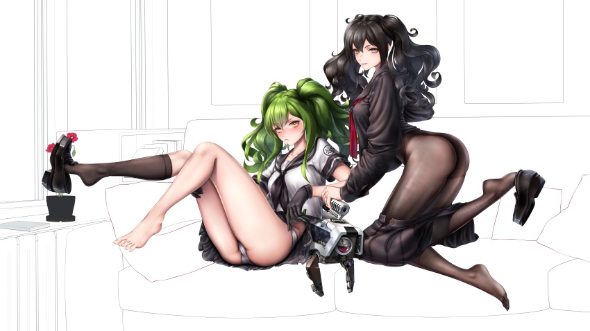 2girls absurdres ass barefoot black_footwear black_gloves black_hair black_legwear black_neckwear black_shirt black_skirt blush breasts closed_mouth clothes_pull collarbone couch dinergate_(girls&#039;_frontline) feet full_body girls&#039;_frontline gloves green_hair grey_eyes highres jewelry legs legs_up lips long_hair looking_at_viewer m950a_(girls&#039;_frontline) medium_breasts multiple_girls no_shoes panties pantyhose red_neckwear ring scarecrow_(girls&#039;_frontline) school_uniform serafuku shirt shoe_dangle shoes simple_background single_sock sitting skirt skirt_pull smile socks soles thighs toes twintails underwear von.franken white_panties white_shirt yellow_eyes