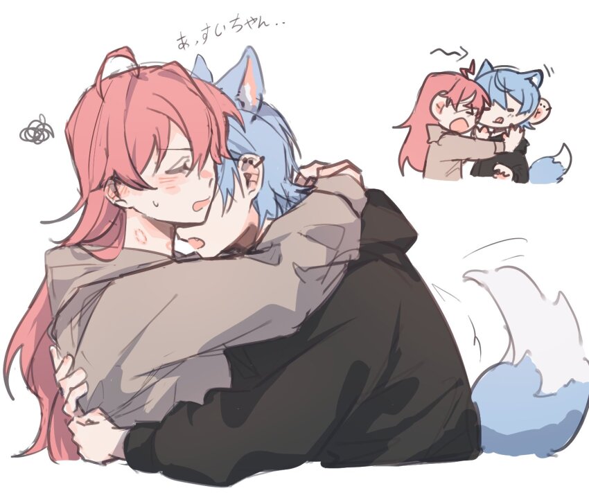 &gt;_&lt; 2girls animal_ears arms_around_neck bite_mark bite_mark_on_neck black_hoodie blue_hair blush closed_eyes commentary dog_ears dog_girl dog_tail ear_blush ear_piercing grey_hoodie hand_on_another&#039;s_back highres hololive hood hoodie hoshimachi_suisei licking_lips long_hair long_sleeves multiple_girls open_mouth piercing pink_hair pushing_away sakgi sakura_miko short_hair simple_background squiggle tail tail_wagging tongue tongue_out translation_request virtual_youtuber white_background yuri