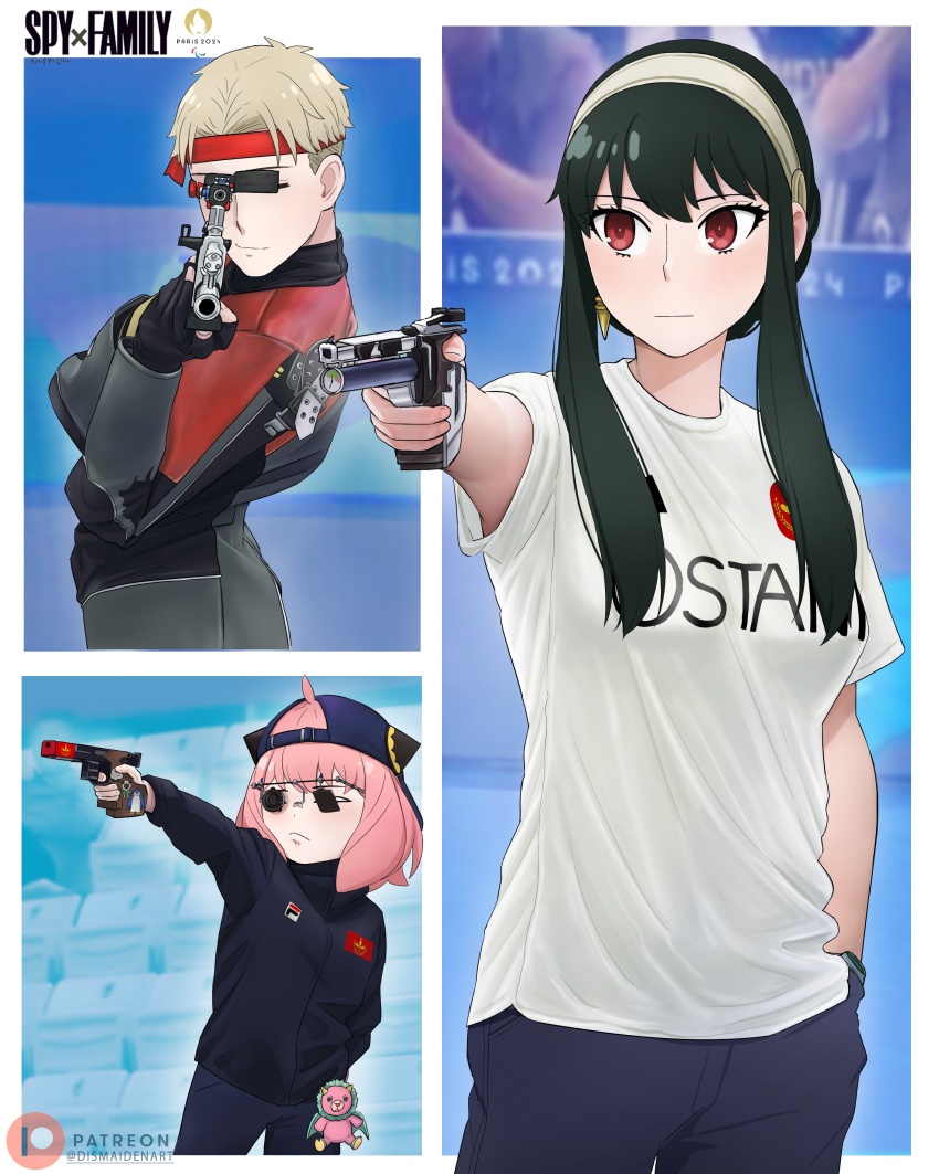 1boy 1girl 2024_summer_olympics absurdres aiming aiming_at_viewer anya_(spy_x_family) black_hair breasts cosplay dismaiden gun hairband highres holding holding_gun holding_weapon long_hair meme olympic_shooting_glasses olympics red_eyes sidelocks spy_x_family twilight_(spy_x_family) weapon yor_briar yusuf_dikec yusuf_dikec_(cosplay) yusuf_dikec_(meme)