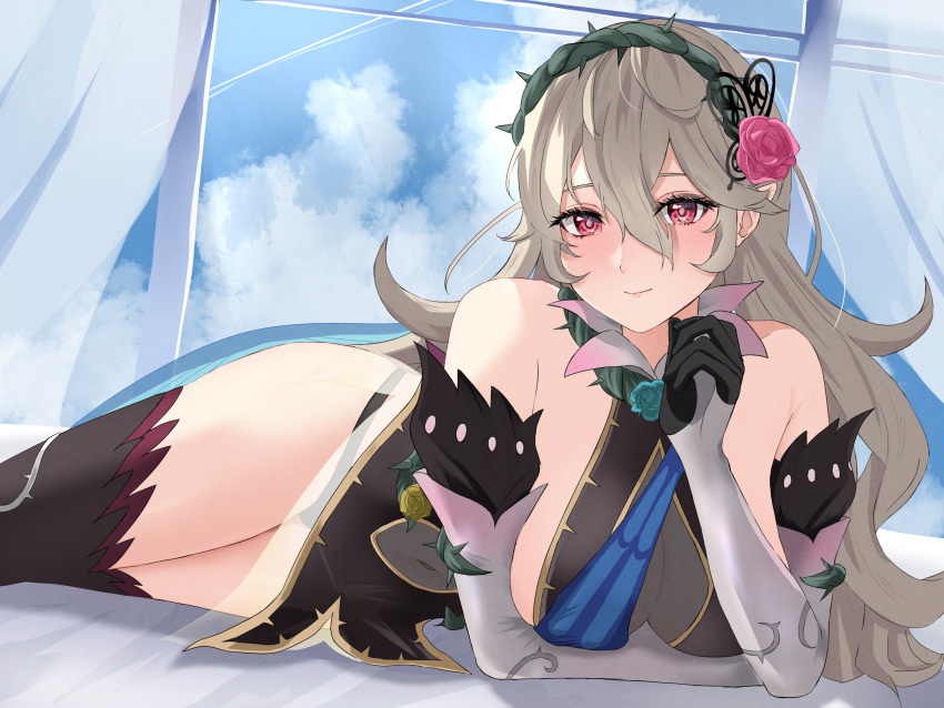 1girl absurdres bare_shoulders bed_sheet black_panties breasts cape corrin_(female)_(fire_emblem) corrin_(female)_(resplendent)_(fire_emblem) corrin_(fire_emblem) dress elbow_gloves fire_emblem fire_emblem_fates fire_emblem_heroes gloves hair_ornament hairband highres long_hair looking_at_viewer lying medium_breasts nintendo official_alternate_costume on_bed on_side panties panty_straps peli_cantaro pointy_ears red_eyes see-through_clothes sleeveless sleeveless_dress smile solo thighhighs thighs thorns underwear white_hair