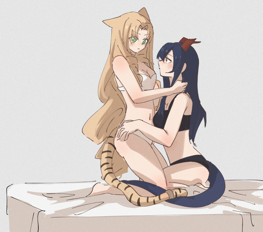 2girls animal_ears arknights black_bra black_panties blue_hair bra ch&#039;en_(arknights) commentary_request dragon_horns dragon_tail film_grain graymoonlx green_eyes grey_background hand_on_another&#039;s_shoulder hand_on_another&#039;s_waist highres horns kneeling long_hair multiple_girls on_bed orange_hair panties red_eyes swire_(arknights) tail tiger_ears tiger_girl tiger_tail underwear underwear_only white_bra white_panties yuri