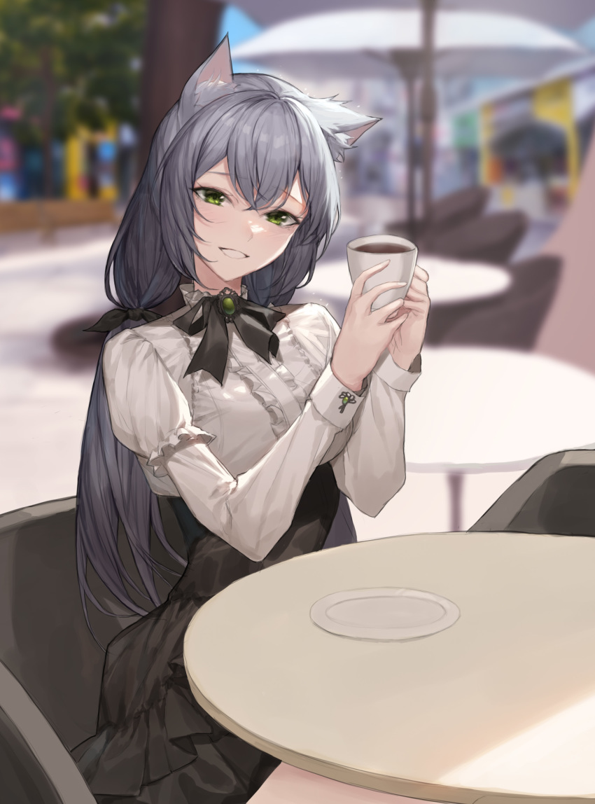 1girl :d absurdres animal_ears black_hair black_skirt blurry blurry_background breasts cat_ears center_frills coffee commission cup day depth_of_field frilled_skirt frills green_eyes high-waist_skirt highres holding holding_cup large_breasts long_hair long_sleeves looking_at_viewer low_twintails meme_attire molyb open_mouth original outdoors parted_lips shirt skirt smile solo steam twintails very_long_hair virgin_killer_outfit white_shirt