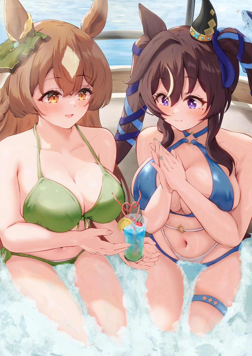 2girls :3 absurdres animal_ears bare_shoulders bikini blue_nails breasts brown_hair cleavage commentary_request ear_covers ear_ornament front-tie_bikini_top front-tie_top hair_between_eyes hair_ornament highres horse_ears horse_girl hot_tub large_breasts long_hair mole mole_under_eye multicolored_hair multiple_girls navel outdoors p1_fcoyaa purple_eyes satono_diamond_(umamusume) single_ear_cover smile stomach streaked_hair swimsuit umamusume vivlos_(umamusume) water white_hair yellow_eyes