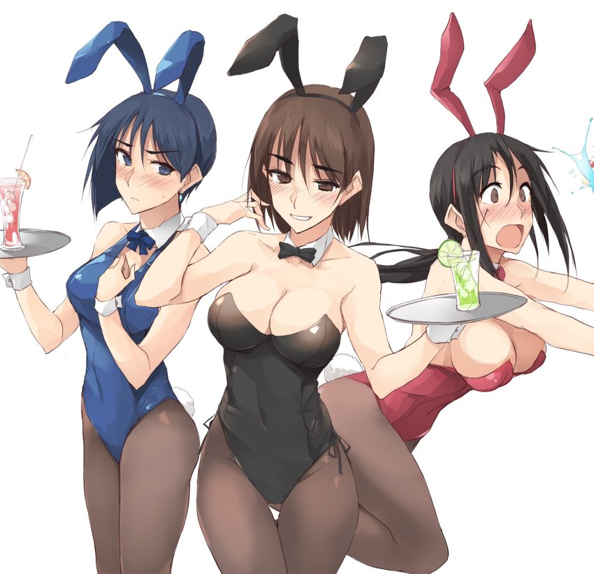 3girls animal_ears asymmetrical_hair black_hair black_legwear black_leotard black_neckwear blue_eyes blue_hair blue_leotard blue_neckwear blush breasts brown_eyes brown_hair cherry cleavage closed_mouth collar commentary_request constricted_pupils covered_navel cup detached_collar drinking_glass drinking_straw earrings fake_animal_ears fake_tail food frown fruit grin halterneck hand_in_own_hair hand_on_own_chest highres holding holding_tray jewelry large_breasts leaning_forward lemon lemon_slice leotard ligh_xi lime_(fruit) lime_slice long_hair looking_at_viewer low_ponytail medium_breasts medium_hair multiple_girls neck_ribbon original pantyhose playboy_bunny rabbit_ears rabbit_tail red_leotard red_neckwear ribbon short_hair side-tie_leotard sidelocks simple_background sleeveless smile spilling standing tail thigh_gap tray tripping white_background white_collar wrist_cuffs zekkyon