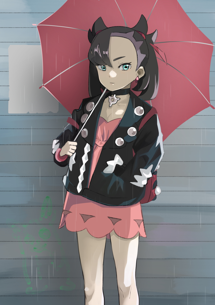 1girl absurdres aqua_eyes asymmetrical_bangs backpack bag black_choker black_hair black_jacket child choker collarbone creatures_(company) dress earrings expressionless eyelashes flat_chest game_freak hair_ornament hand_in_pocket hand_up highres holding holding_umbrella jacket jewelry jitome_no_tsugumi leather leather_jacket legs long_hair long_sleeves looking_at_viewer marnie_(pokemon) neck nintendo open_clothes open_jacket pendant_choker pink_dress pokemon pokemon_swsh punk rain single_earring standing thighs twintails umbrella undercut