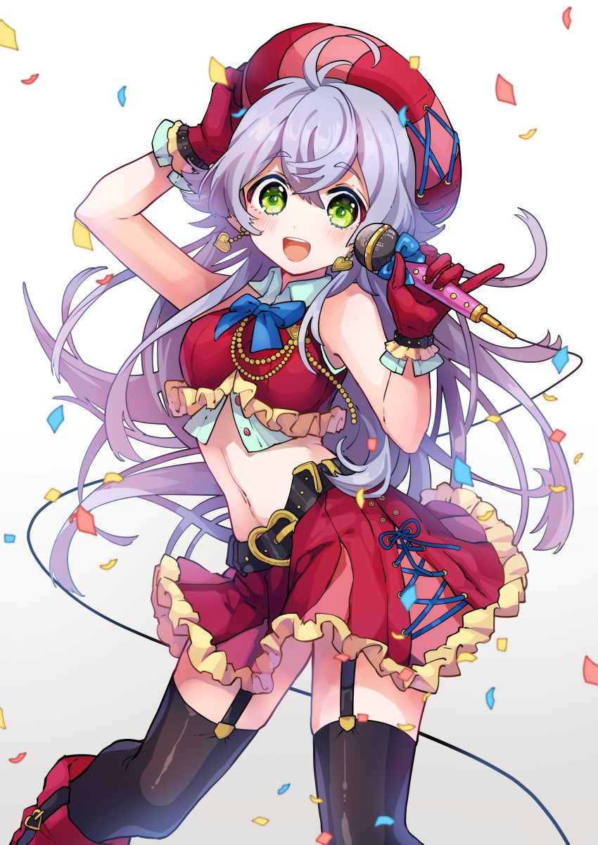 1girl absurdres ahoge bad_id bad_pixiv_id belt black_thighhighs blush confetti crop_top earrings female_focus fujimi_nanna garter_straps gloves green_eyes hat heart heart_earrings highres idol jewelry long_hair microphone midriff navel open_mouth original purple_hair red_gloves red_skirt skirt smile solo thighhighs very_long_hair