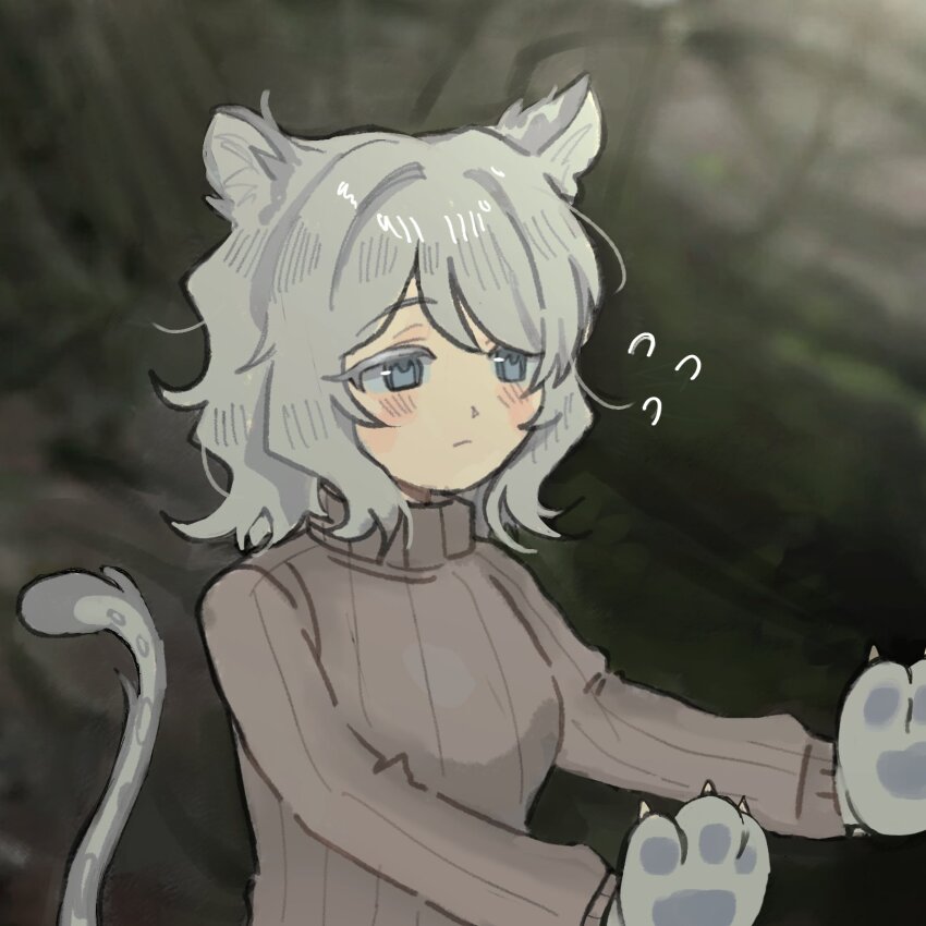 1girl animal_hands blue_eyes blush closed_mouth colored_eyelashes expressionless faust_(project_moon) flying_sweatdrops grey_sweater highres kyururirin limbus_company medium_hair meme project_moon ribbed_sweater snow_leopard_ears snow_leopard_girl snow_leopard_tail solo sweater turtleneck turtleneck_sweater upper_body what&#039;s_2+2?_the_well-educated_snow_leopard:_(meme)