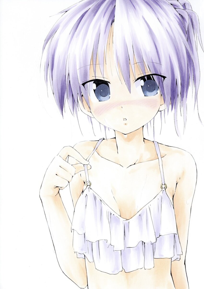 1girl :o adjusting_clothes bare_shoulders blue_eyes blush bra breasts camisole cleavage collarbone crop_top flat_chest frills hair_up highres hiiragi_kagami lingerie looking_at_viewer lucky_star midriff purple_hair shiki_59 short_hair simple_background small_breasts solo strap_lift strap_pull tsurime underwear upper_body white_background