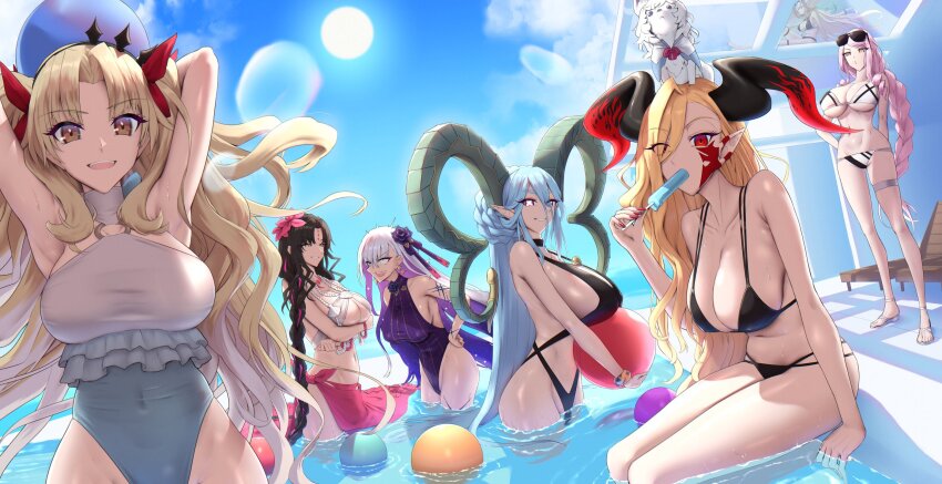 6+girls animal animal_on_head ball bikini cloud fate/grand_order fate_(series) food fou_(fate) highres kama_(fate) kama_(swimsuit_avenger)_(fate) koyanskaya_(fate) larva_tiamat_(fate) larva_tiamat_(third_ascension)_(fate) light_rays multiple_girls nero_claudius_(fate) nero_claudius_(fate)_(all) olga_marie_animusphere on_head party pool popsicle queen_draco_(fate) queen_draco_(third_ascension)_(fate) sessyoin_kiara sessyoin_kiara_(swimsuit_mooncancer) shiroshisu space_ereshkigal_(first_ascension)_(fate) sun swimsuit tamamo_(fate) tiamat_(fate) u-olga_marie