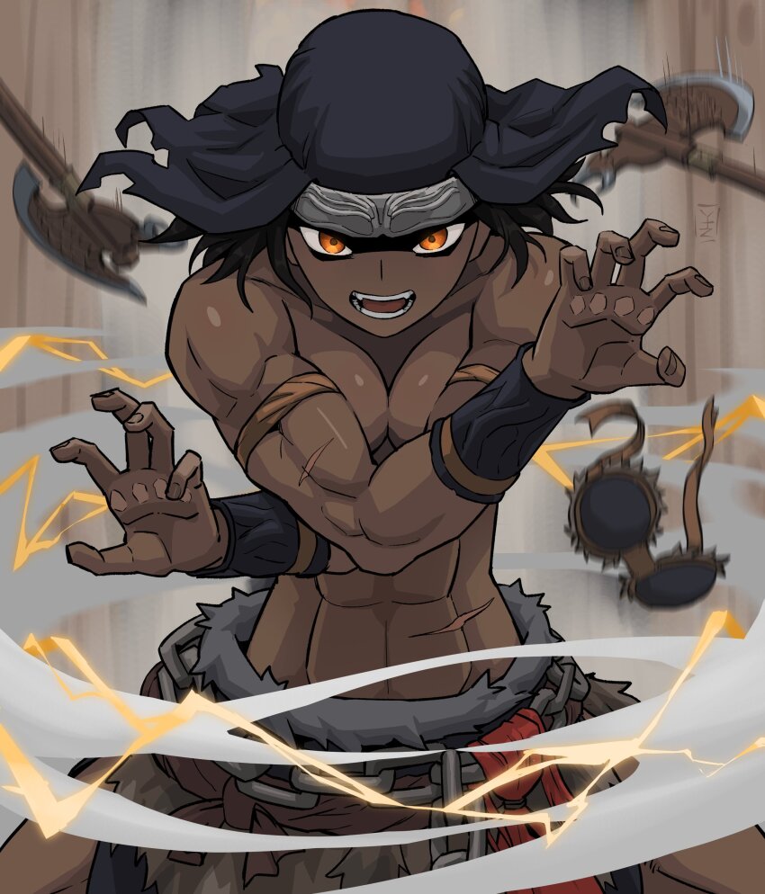 1girl abs absurdres axe black_hair chain_belt crossed_arms dark-skinned_female dark_skin elden_ring headscarf highres looking_at_viewer muscular muscular_female nepheli_loux open_mouth orange_eyes scar solo wardrobe_malfunction yakutzan