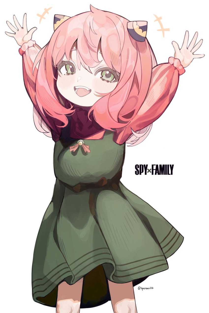 1girl anya_(spy_x_family) arms_up blush child copyright_name eyebrows_hidden_by_hair female_focus frills green_eyes grey_background highres long_hair open_hands open_mouth pink_hair signature simple_background smile solo spy_x_family syu45 teeth upper_body