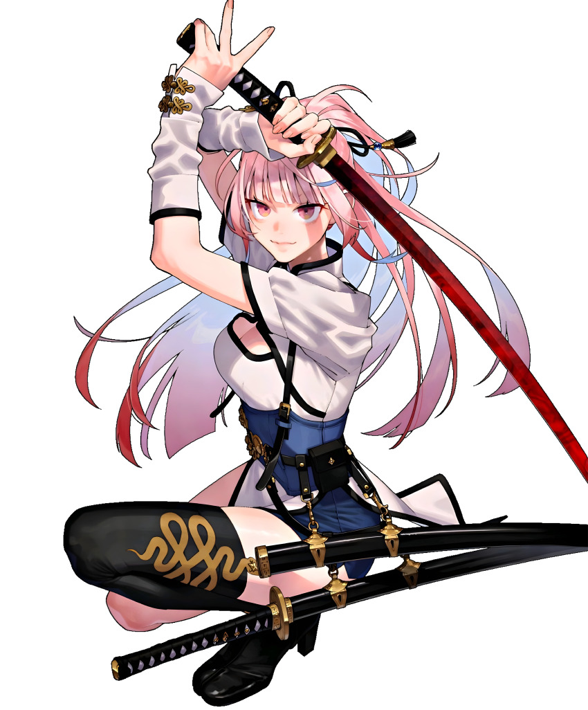 1girl absurdres arm_over_head belt black_footwear blunt_bangs breasts china_dress chinese_clothes cleavage clothing_cutout corset dress gokurakugai gradient_hair hair_ribbon high_heels highres holding holding_sword holding_weapon katana light_smile lips looking_at_viewer multicolored_hair nei_takarai_(gokurakugai) official_art orange_eyes pelvic_curtain pink_hair ponytail puffy_sleeves ribbon shorts sidelocks single_thighhigh smile snake_print solo squatting sword tassel thighhighs third-party_source weapon wrist_guards