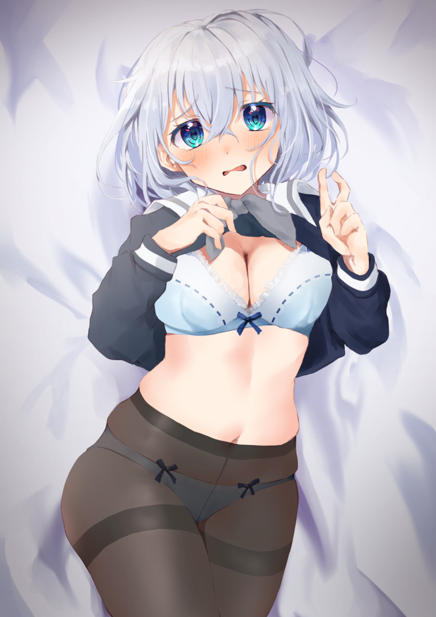 1girl ant_m22 aqua_eyes bang_dream! bed_sheet black_shirt blue_bow blue_bra blue_panties bow bow_bra bow_panties bra breasts brown_pantyhose cleavage clothes_lift commentary_request cowboy_shot crossed_bangs embarrassed frilled_bra frills grey_hair grey_neckerchief hair_between_eyes hands_up highres kurata_mashiro lace lace-trimmed_bra lace-trimmed_panties lace_trim long_sleeves looking_at_viewer lying medium_breasts medium_hair navel neckerchief no_pants on_back panties pantyhose parted_lips raised_eyebrows ribbon-trimmed_bra ribbon_trim sailor_collar school_uniform serafuku shirt shirt_lift solo stomach thighband_pantyhose tsukinomori_school_uniform underwear v wavy_mouth white_sailor_collar