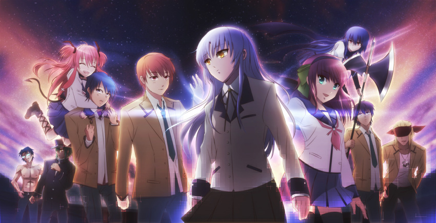 10s 4girls 6+boys angel_beats! axe glowing hinata_hideki multiple_boys multiple_girls nakamura_yuri naoi_ayato night night_sky noda_(angel_beats!) otonashi_yuzuru school_uniform shiina_(angel_beats!) sky takamatsu_(angel_beats!) tenshi_(angel_beats!) tk_(angel_beats!) toi_kotori weapon yui_(angel_beats!)