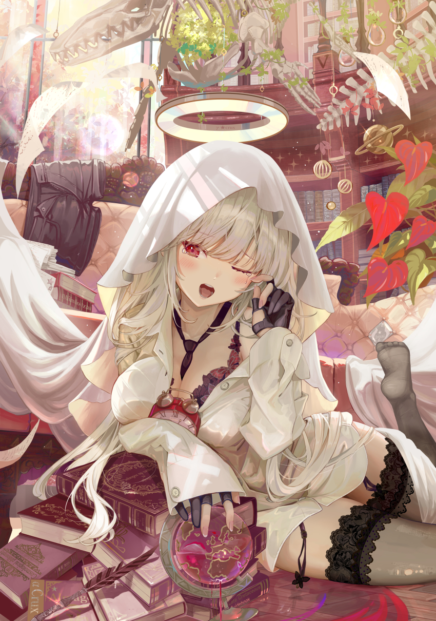 1girl absurdres black_gloves black_shorts black_thighhighs book breasts cleavage fingerless_gloves garter_straps gloves grey_hair hand_up highres indoors ito_lab long_hair long_sleeves looking_at_viewer lying no_pants on_stomach one_eye_closed open_mouth original partially_fingerless_gloves red_eyes shirt shorts sleepy tearing_up teeth thighhighs unworn_shorts white_shirt