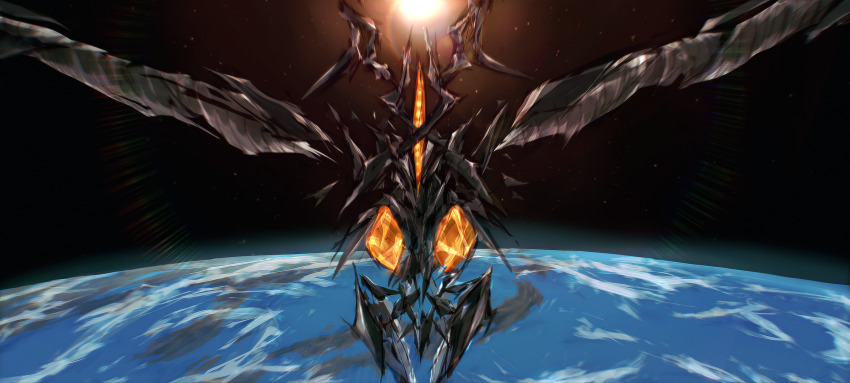 absurdres alien byneet earth_(planet) floating flying giant giant_monster giant_robot glowing highres island japan kaiju levitation looking_at_viewer mecha monster no_humans ocean planet robot shin_ultraman sky space space_monster star_(sky) starry_sky sun tsuburaya_productions ultra_series water zetton