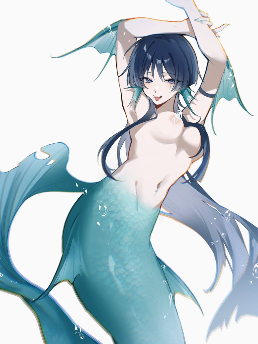 1girl arms_up black_hair blue_eyes blue_hair breasts bubble fins genderswap genderswap_(mtf) genshin_impact head_fins highres long_hair looking_at_viewer medium_breasts mermaid monster_girl monsterification nude open_mouth piercing scaramouche_(genshin_impact) simple_background solo tongue tongue_piercing very_long_hair w02_14