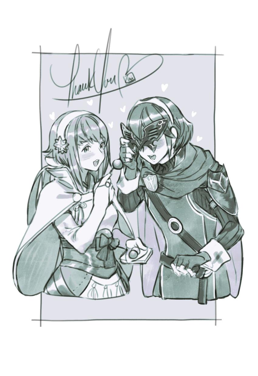 2girls commission commissioner_upload fingerless_gloves fire_emblem fire_emblem_awakening fire_emblem_fates fire_emblem_heroes gloves hairband highres japanese_clothes krazehkai long_sleeves lucina_(fire_emblem) mask monochrome multiple_girls nintendo open_mouth sakura_(fire_emblem) short_hair thank_you tiara upper_body