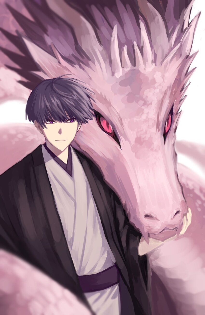 1boy closed_mouth dragon highres hoshina_soshiro japanese_clothes kaijuu_no._8 male_focus purple_eyes purple_hair sakananang08 smile standing upper_body