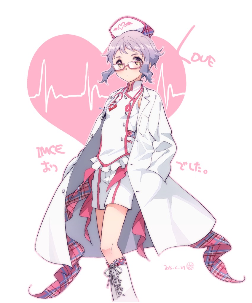 10s 1girl alternate_costume blush boots female_focus glasses hands_in_pockets hat highres idolmaster idolmaster_million_live! lab_coat looking_at_viewer makabe_mizuki nurse nurse_cap purple_hair red-framed_eyewear riyo_(riyontoko) semi-rimless_eyewear short_hair shorts sleeveless solo stethoscope under-rim_eyewear yellow_eyes