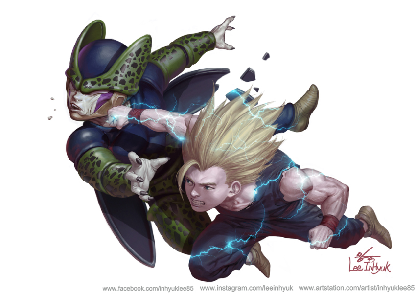 2boys blonde_hair cell_junior clenched_hands clenched_teeth dougi dragon_ball dragonball_z electricity in-hyuk_lee male_focus multiple_boys muscular punching signature son_gohan super_saiyan super_saiyan_2 teeth watermark web_address wristband