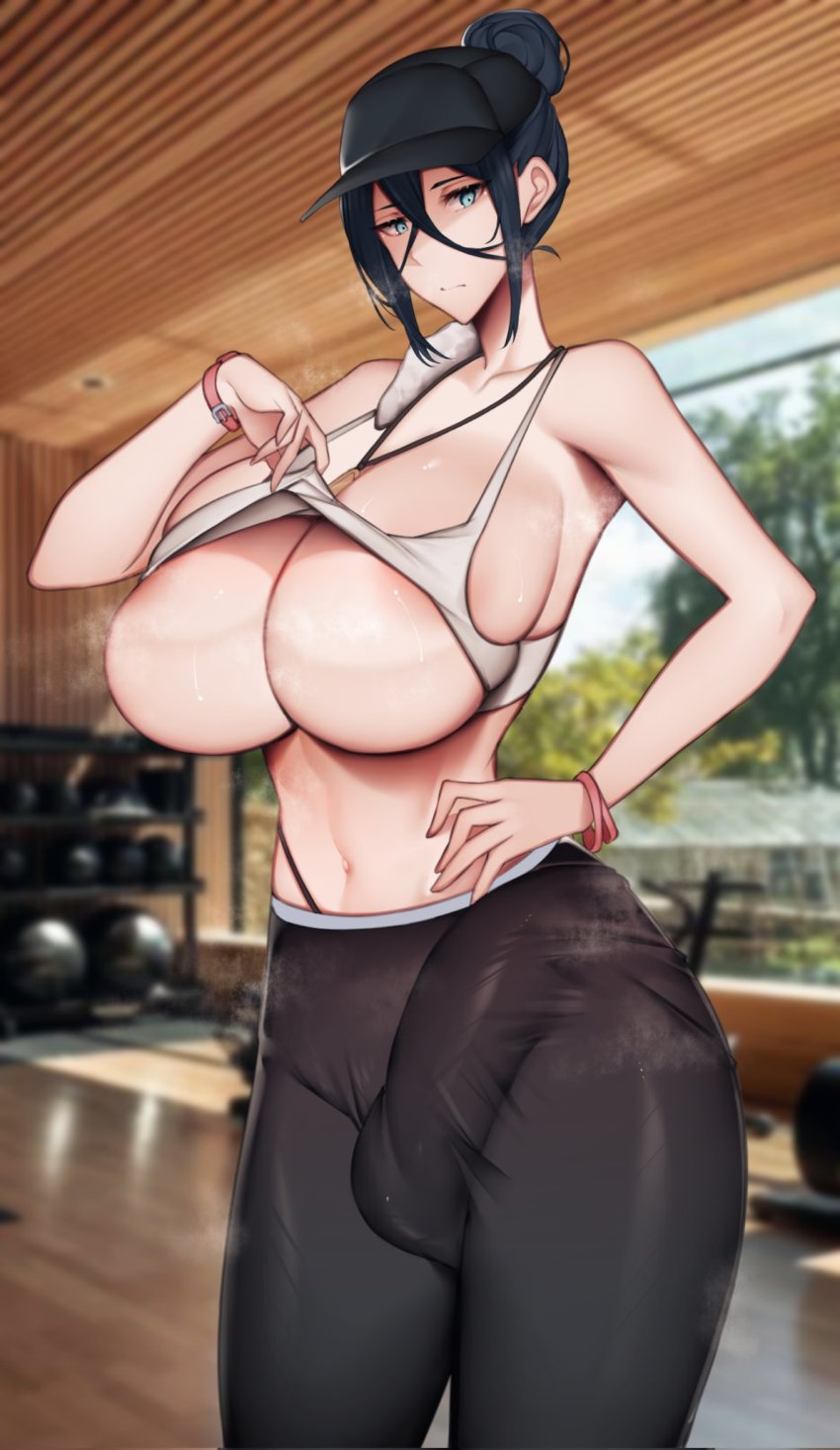 1futa areola_slip artist_request baseball_cap black_hair blue_eyes blush breasts bulge covered_testicles futanari hair_between_eyes hair_bun hand_on_own_hip hat highres huge_breasts large_penis looking_at_viewer original pants penis solo steam testicles thong towel unbeller wristband