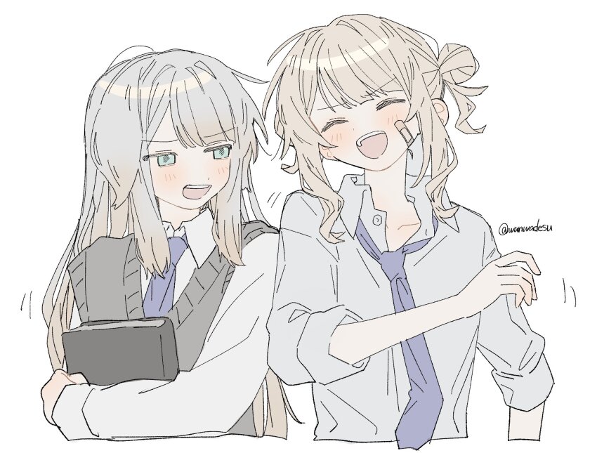 2girls artist_request bandaid bandaid_on_face book hair_bun kaburaki_roco laughing multiple_girls necktie nijisanji school_uniform shioriha_ruri shirt sleeves_rolled_up virtual_youtuber