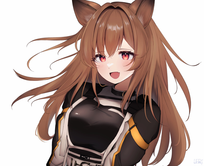 1girl :d animal_ear_fluff animal_ears arknights black_jacket black_shirt breasts brown_hair ceobe_(arknights) dog_ears fang hair_between_eyes highres jacket l_eri long_hair looking_at_viewer medium_breasts open_mouth red_eyes shirt simple_background smile solo upper_body white_background