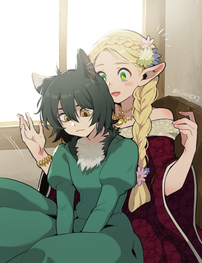 2girls animal_ears black_hair blonde_hair bracelet braid brown_eyes cat_ears cat_girl chest_fluff dress dungeon_meshi elf green_dress green_eyes hair_over_shoulder highres izutsumi jewelry marcille_donato multiple_girls necklace patterned_clothing pointy_ears red_dress sitting sitting_on_lap sitting_on_person smile strapless strapless_dress wide_sleeves wooni