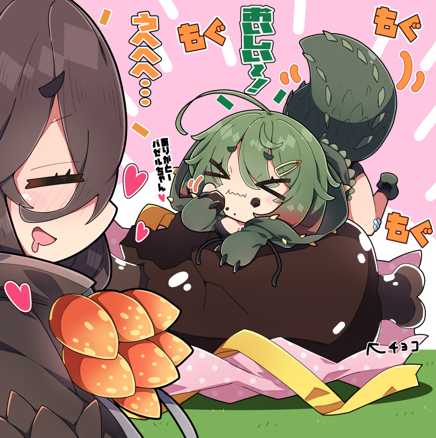 &gt;_&lt; 2girls :d :i absurdres ahoge arrow_(symbol) black_shirt black_shorts black_socks blush breasts brown_hair brown_jacket character_request chibi chocolate closed_eyes closed_mouth commentary_request deviljho drooling eating food food_on_face gift_wrapping green_jacket green_shoes grey_hair hair_between_eyes hair_ornament hairclip highres hood hood_down hooded_jacket jacket large_breasts milkpanda monster_hunter_(series) mouth_drool multiple_girls open_mouth personification shirt shoes short_eyebrows short_shorts shorts smile socks thick_eyebrows translation_request wavy_mouth