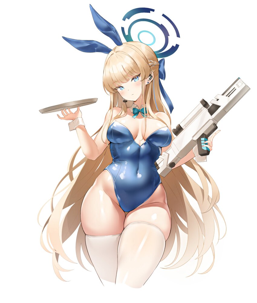 1girl absurdres animal_ears assault_rifle blonde_hair blue_archive blue_eyes blue_leotard blush bow bowtie bullpup caseless_firearm cowboy_shot detached_collar facing_viewer fake_animal_ears gun h&amp;k_g11 halo highres keibeam leotard long_hair looking_at_viewer plate playboy_bunny rabbit_ears rifle skindentation solo standing strapless strapless_leotard thick_thighs thighhighs thighs toki_(blue_archive) toki_(bunny)_(blue_archive) tray weapon white_thighhighs wide_hips wrist_cuffs