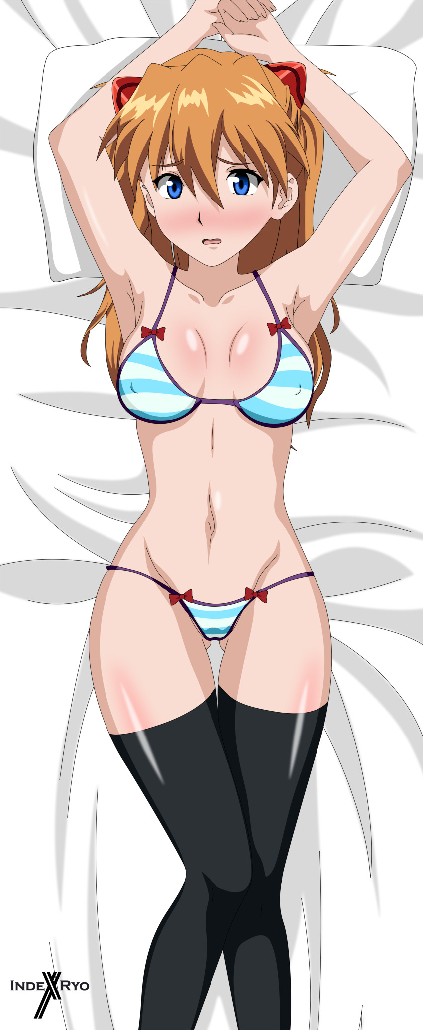 1girl absurdres bed blush breasts embarrassed highres indexryo large_breasts long_hair neon_genesis_evangelion orange_hair souryuu_asuka_langley swimsuit