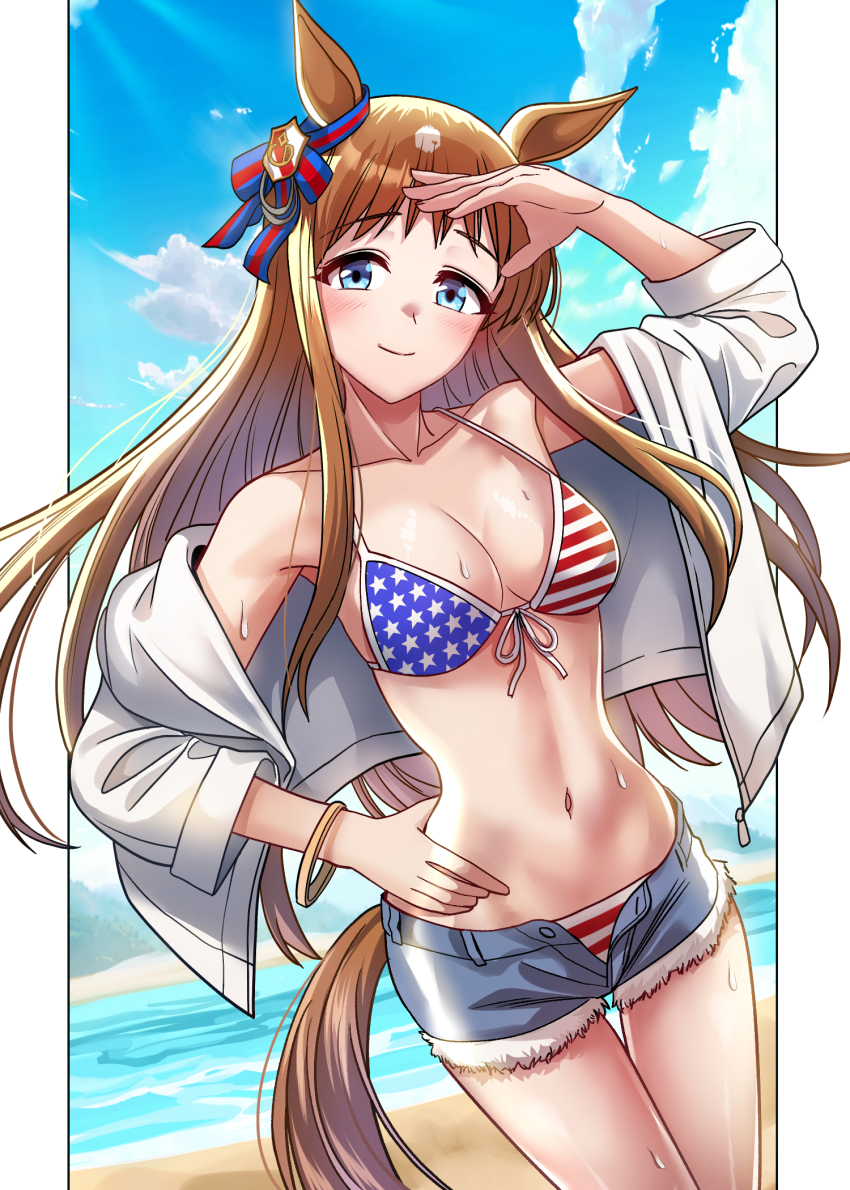 1girl american_flag american_flag_bikini american_flag_print animal_ears beach bikini blue_eyes blue_sky breasts brown_hair cleavage cloud cutoffs day denim denim_shorts flag_print front-tie_bikini_top front-tie_top grass_wonder_(umamusume) highres hood hooded_jacket horizon horse_ears horse_girl horse_tail jacket large_breasts long_hair looking_at_viewer multicolored_hair o.k.corral ocean open_fly outdoors print_bikini shorts sky solo swimsuit tail umamusume white_jacket