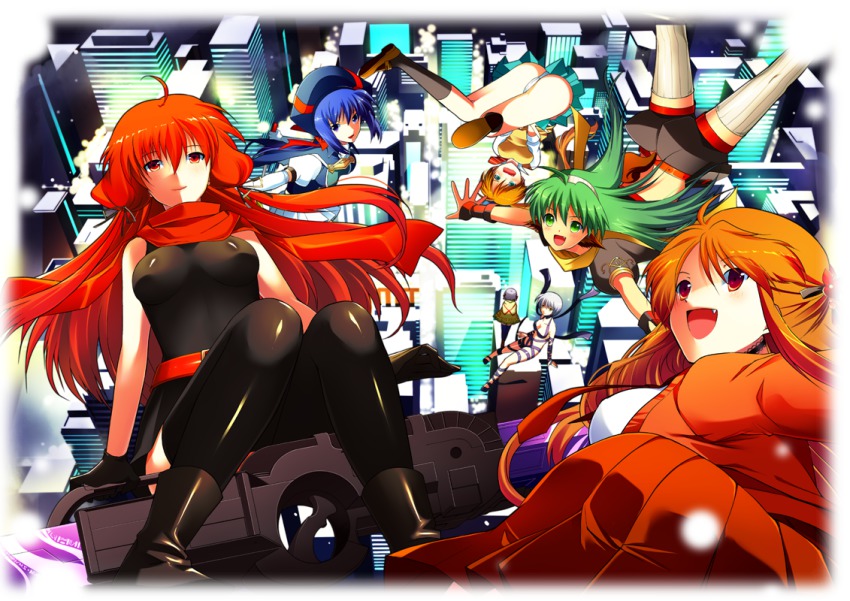 00s 6+girls azel_iblis bell_zephyr black_thighhighs city double_cross flying green_hair multiple_girls murai_g night_wizard orange_hair original red_hair thighhighs