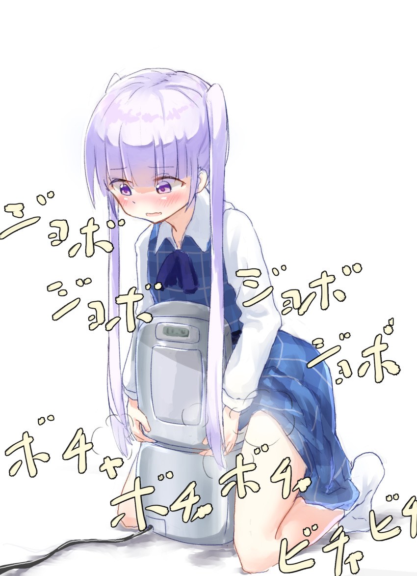 1girl blush ewokakuni highres new_game! open_mouth peeing purple_eyes purple_hair rice_cooker solo steam straddling suzukaze_aoba twintails white_background