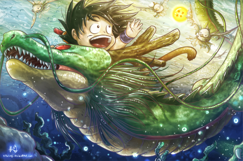 1boy ball bird black_hair cporing dragon dragon_ball dragon_ball_(object) kakarot male_focus open_mouth riding shenron signature smile son_goku spiked_hair underwater watermark web_address