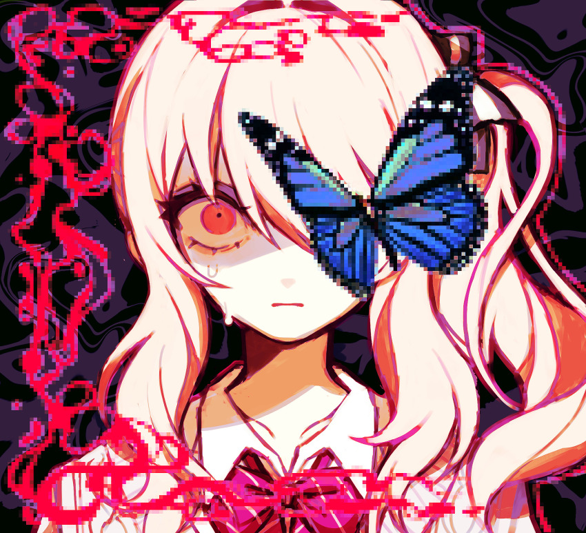 1other akiyama_mizuki blonde_hair blue_butterfly border bug butterfly butterfly_on_face closed_mouth commentary english_commentary highres insect long_hair looking_at_viewer nonsensemanna one_eye_covered other_focus pixel_art project_sekai red_eyes school_uniform side_ponytail solo sweat