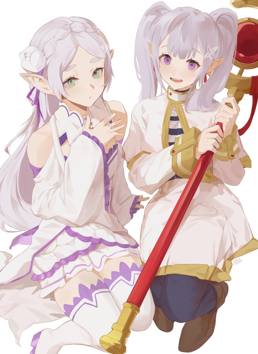 2girls absurdres bare_shoulders boots braid brown_footwear capelet cosplay costume_switch crown_braid detached_sleeves dress elf emilia_(re:zero) emilia_(re:zero)_(cosplay) flower frieren frieren_(cosplay) green_eyes hair_flower hair_ornament hair_ribbon highres holding holding_staff long_hair long_sleeves looking_at_viewer multiple_girls parted_bangs pointy_ears purple_eyes purple_ribbon raacos re:zero_kara_hajimeru_isekai_seikatsu ribbon sitting sousou_no_frieren staff thigh_boots trait_connection twintails white_background white_dress white_hair