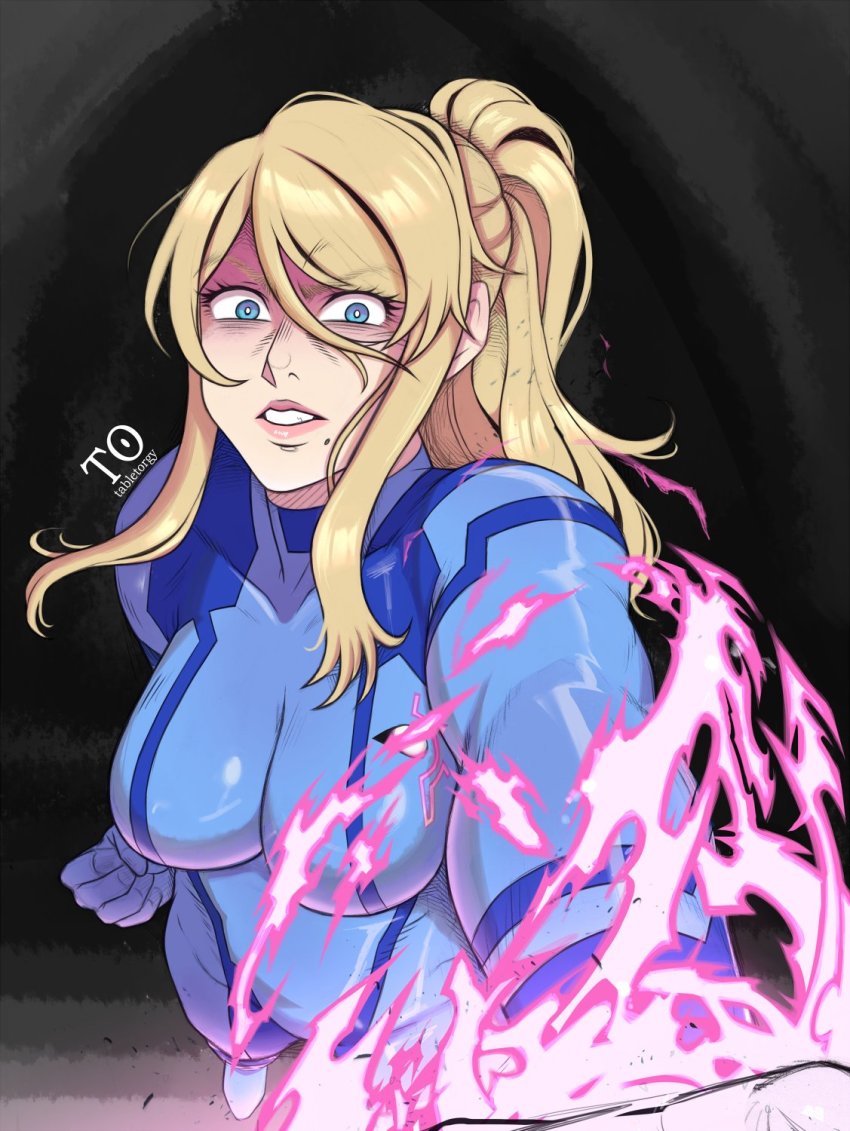 1girl angry artist_name blonde_hair blue_eyes bodysuit breasts clenched_teeth glaring glowing glowing_hand highres metroid metroid_dread mole mole_under_mouth nintendo ponytail pov reaching reaching_towards_viewer samus_aran shaded_face solo spoilers tabletorgy teeth zero_suit