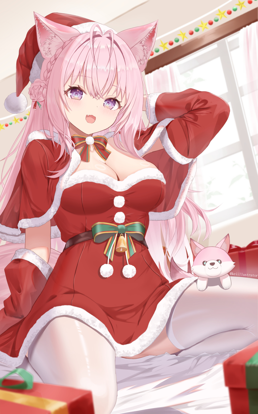 1girl absurdres animal_ear_fluff antenna_hair arm_up breasts capelet christmas_present cleavage dress fang fur-trimmed_capelet fur-trimmed_dress fur_trim gift hakui_koyori hat highres hololive kei_(keiillustrator) kokoro_(hakui_koyori) large_breasts long_hair looking_at_viewer open_mouth pink_hair purple_eyes red_capelet red_dress red_hat santa_costume santa_dress santa_hat skin_fang smile solo thighhighs virtual_youtuber white_thighhighs