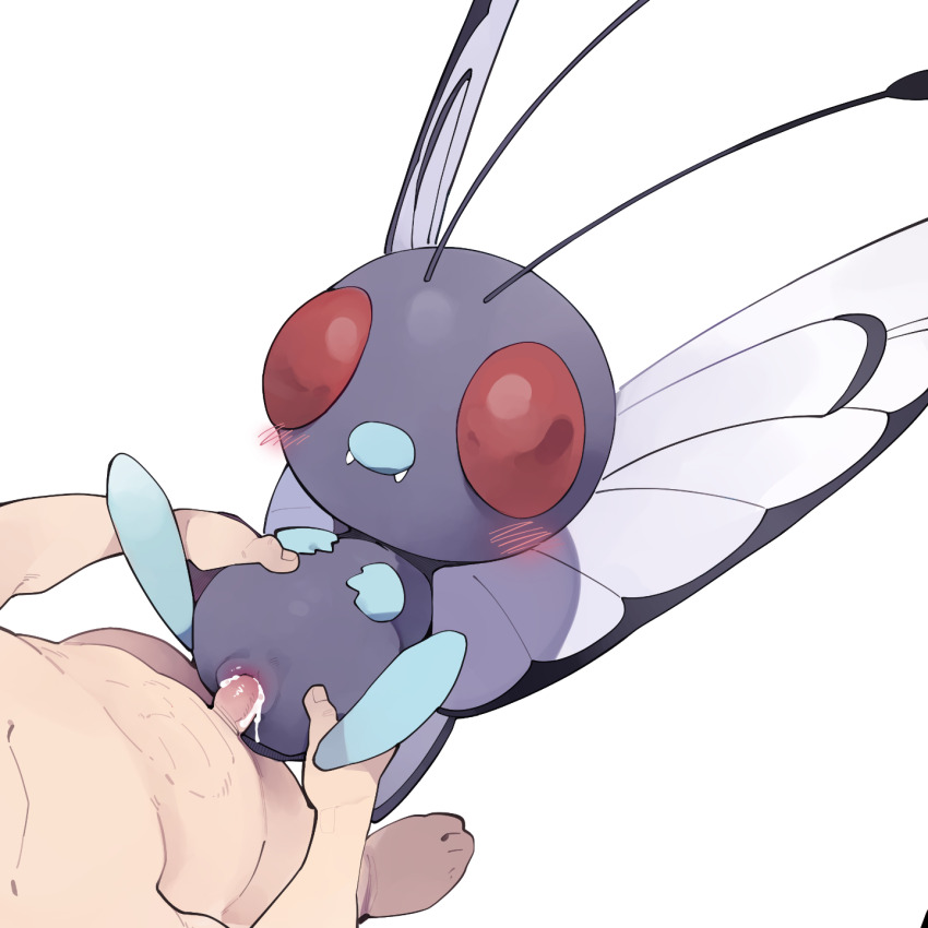 1boy barefoot bestiality blush bug butterfly butterfree creatures_(company) game_freak gen_1_pokemon highres insect nintendo pokemon pokemon_(creature) pokephilia sex simple_background standing white_background youjo_modoki