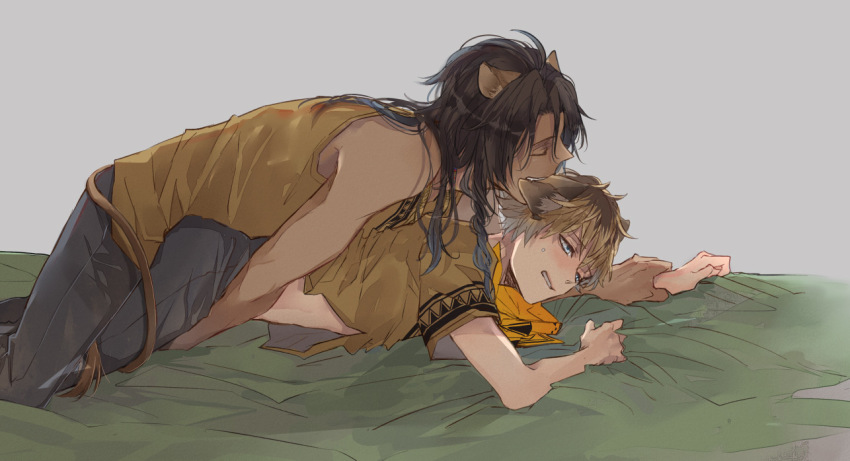 2boys animal_ears biting blush dark-skinned_male dark_skin biting_ear grabbing_sheets grey_background leona_kingscholar male_focus multiple_boys on_bed ruggie_bucchi tank_top twisted_wonderland yaoi