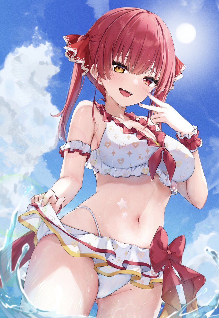 1girl absurdres armband bikini breasts frilled_bikini frills heterochromia highres hololive hololive_summer_2022_swimsuit houshou_marine large_breasts looking_at_viewer navel official_alternate_costume open_mouth outdoors red_eyes red_hair red_ribbon ribbon smile solo swimsuit teeth upper_teeth_only virtual_youtuber white_bikini wristband yellow_eyes yoshinone