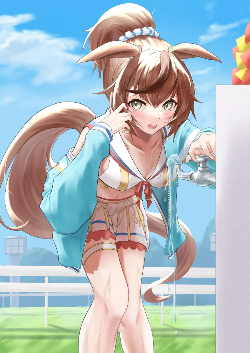 1girl absurdres animal_ears blue_jacket blush breasts brown_hair cleavage cloud crop_top day faucet feet_out_of_frame fence grey_eyes highres horse_ears horse_girl horse_tail jacket kinoyama_(0202) long_hair long_sleeves looking_at_viewer multicolored_hair navel nice_nature_(run&amp;win)_(umamusume) nice_nature_(umamusume) off_shoulder open_mouth outdoors pom_pom_(cheerleading) ponytail sailor_collar shirt skirt solo standing streaked_hair sweat tail umamusume water white_shirt white_skirt