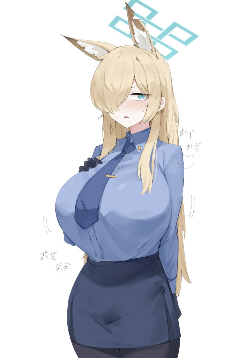 1girl animal_ear_fluff animal_ears arm_behind_back black_gloves black_pantyhose blonde_hair blue_archive blue_eyes blue_necktie blue_shirt blue_skirt blush breasts dog_ears dog_girl extra_ears gloves gurenola hair_over_one_eye hand_on_own_chest highres kanna_(blue_archive) large_breasts looking_at_viewer necktie open_mouth pantyhose pencil_skirt sexually_suggestive shirt skirt wet wet_clothes wet_skirt