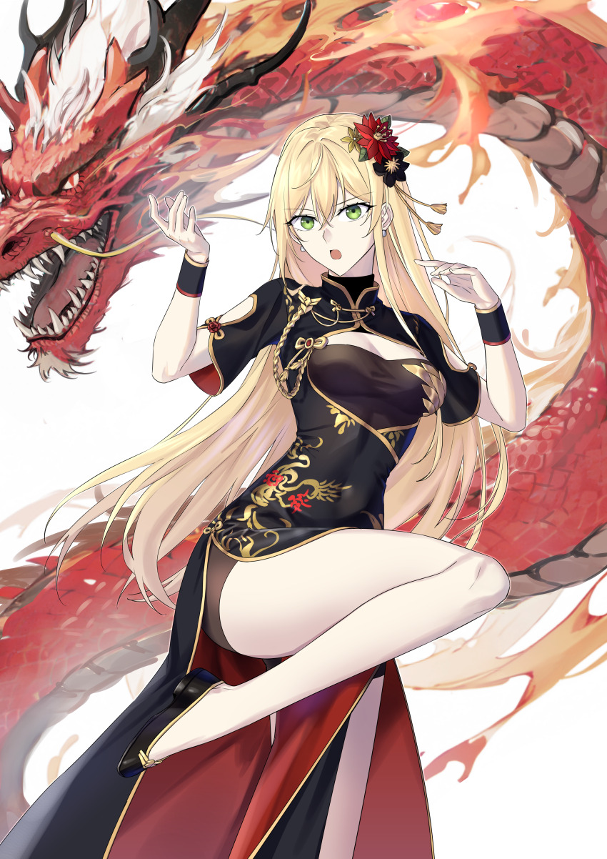 absurdres black_dress black_footwear blonde_hair breasts china_dress chinese_clothes cleavage cleavage_cutout clothing_cutout covered_navel dragon dress earrings eastern_dragon fingernails flower girls&#039;_frontline green_eyes hair_flower hair_ornament hands_up highres jewelry long_hair looking_at_viewer medium_breasts navel open_mouth standing standing_on_one_leg stg44_(girls&#039;_frontline) suprii