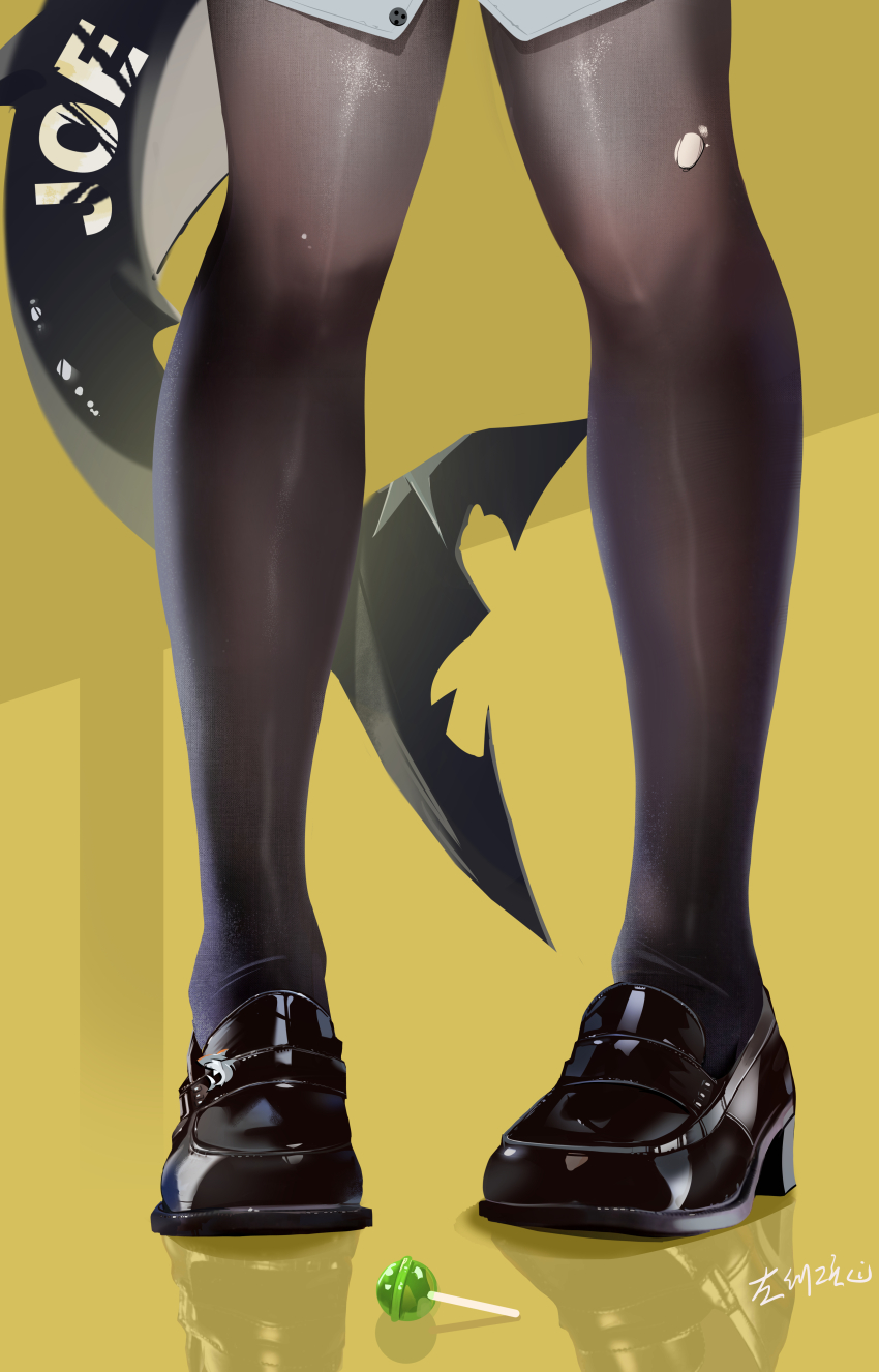 1girl absurdres black_footwear black_pantyhose candy ellen_joe feet fine_fabric_emphasis fins fish_tail food foot_focus footwear_focus highres lollipop pantyhose reflection sabou_san-shitsu_kokoro scar scar_on_tail shark_tail signature solo tail torn_clothes torn_pantyhose yellow_background zenless_zone_zero