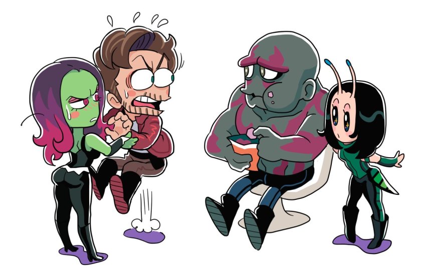 2boys 2girls alien antennae ass bald black_hair blush boots brown_hair caught chair colored_skin drax_the_destroyer eating food food_on_face gamora gashi-gashi green_skin grey_skin guardians_of_the_galaxy half-closed_eyes jacket mantis_(marvel) marvel marvel_cinematic_universe multiple_boys multiple_girls pants peter_quill purple_hair simple_background sitting sparkling_eyes surprised sweatdrop tank_top tattoo topless white_background wide-eyed