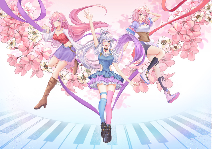 3girls absurdres alternate_costume asymmetrical_legwear black_footwear blue_dress blue_socks boots breasts brown_footwear cherry_blossoms choker cleavage commentary crop_top dress elf elysia_(herrscher_of_human:_ego)_(honkai_impact) elysia_(honkai_impact) english_commentary heart heart_choker highres honkai:_star_rail honkai_(series) honkai_impact_3rd jewelry kiana_kaslana kiana_kaslana_(herrscher_of_finality) kokotuo large_breasts long_hair looking_at_viewer march_7th_(honkai:_star_rail) midriff multiple_girls navel necklace one_eye_closed pearl_necklace pink_hair pink_socks pointy_ears purple_skirt skirt smile socks thighs very_long_hair white_hair