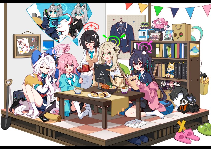 2boys 6+girls ahoge animal_ear_fluff animal_ears aqua_cardigan aqua_eyes aqua_halo aqua_necktie aqua_ribbon aru_(blue_archive) ayane_(blue_archive) bag banana black_bow black_coat black_hair black_hat black_skirt black_suit black_suit_(blue_archive) blonde_hair blue_archive blue_hair blue_shorts book bookshelf bow bowl braid cardigan cat_ears cellphone chopsticks closed_eyes closed_mouth coat commentary_request cross_hair_ornament cup dark_blue_hair demon_horns doodle_sensei_(blue_archive) doughnut fang flower flower_pot food formal friends fruit fumo_(doll) glasses green_eyes green_hair green_halo grey_hair grey_halo hair_between_eyes hair_bow hair_bun hair_flower hair_ornament hair_ribbon halo happy haruka_(blue_archive) hat heterochromia highres hikari_(blue_archive) hina_(blue_archive) holding holding_book horns hoshino_(blue_archive) ideolo jacket jitome juice kayoko_(blue_archive) long_hair long_sleeves multiple_boys multiple_girls mutsuki_(blue_archive) necktie nonomi_(blue_archive) nozomi_(blue_archive) open_cardigan open_clothes open_coat open_jacket open_mouth orange_eyes phone pink_hair pink_halo pink_jacket pointy_ears ponytail purple_halo red_eyes red_halo ribbon school_bag sensei_(blue_archive) serika_(blue_archive) shiroko_(blue_archive) shiroko_terror_(blue_archive) shirt short_hair shorts shovel sitting skirt sleeping slippers smile smoking_pipe socks soup stuffed_animal stuffed_dog stuffed_toy suit tablet_pc unworn_jacket unworn_wig v-shaped_eyebrows very_long_hair vest wariza white_hair white_shirt white_socks wig yellow_halo yellow_jacket yellow_vest yume_(blue_archive)